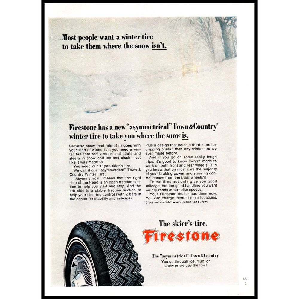 1971 Firestone Town & Country Winter Tire Vintage Print Ad Snow Bank Wall Art